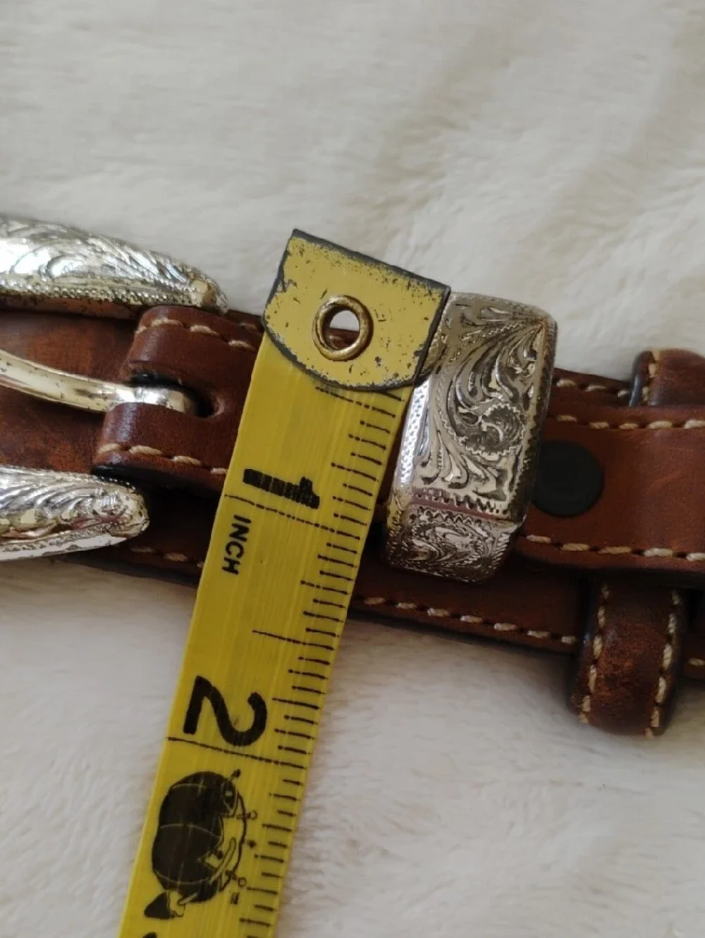 Women's Western  Leather Belt with Silver Look Conchos and Cream Braided Accents